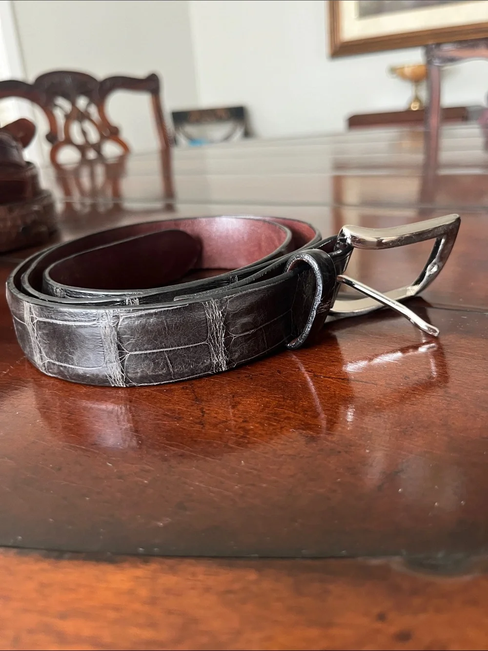 W. Kleinberg Black American alligatorBelt with Silver Buckle and Maroon Interior